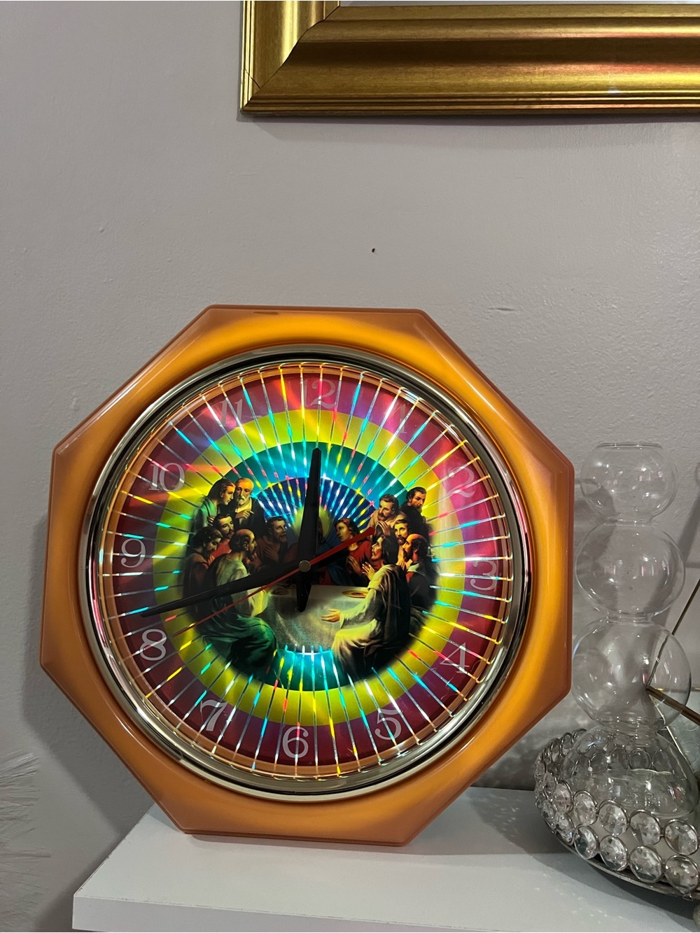 Octagonal Orange Wall Clock with Rainbow Dial and Religious Motif
